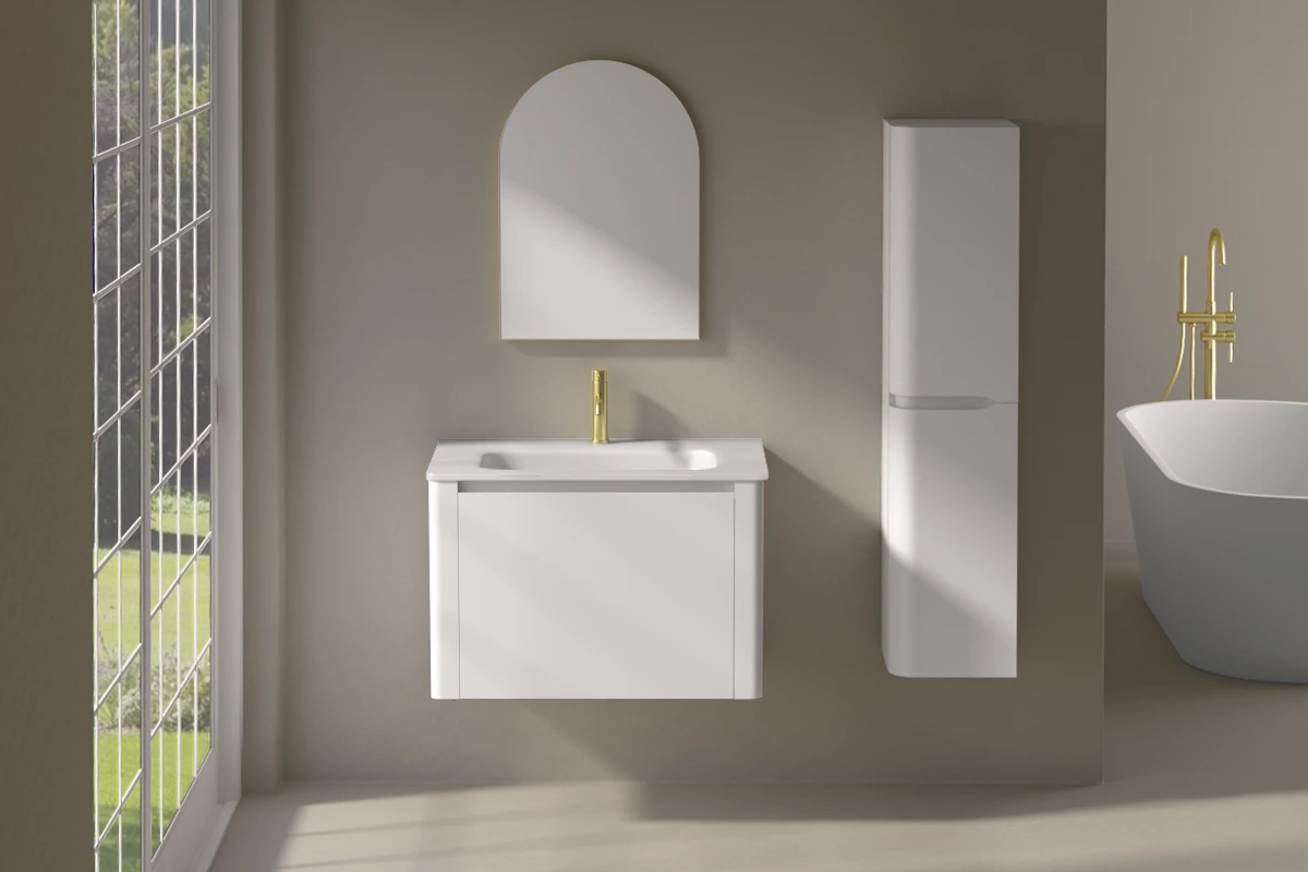 Meuble suspendu blanc mat, 80 cm, avec plan vasque encastré en verre, Panthéon