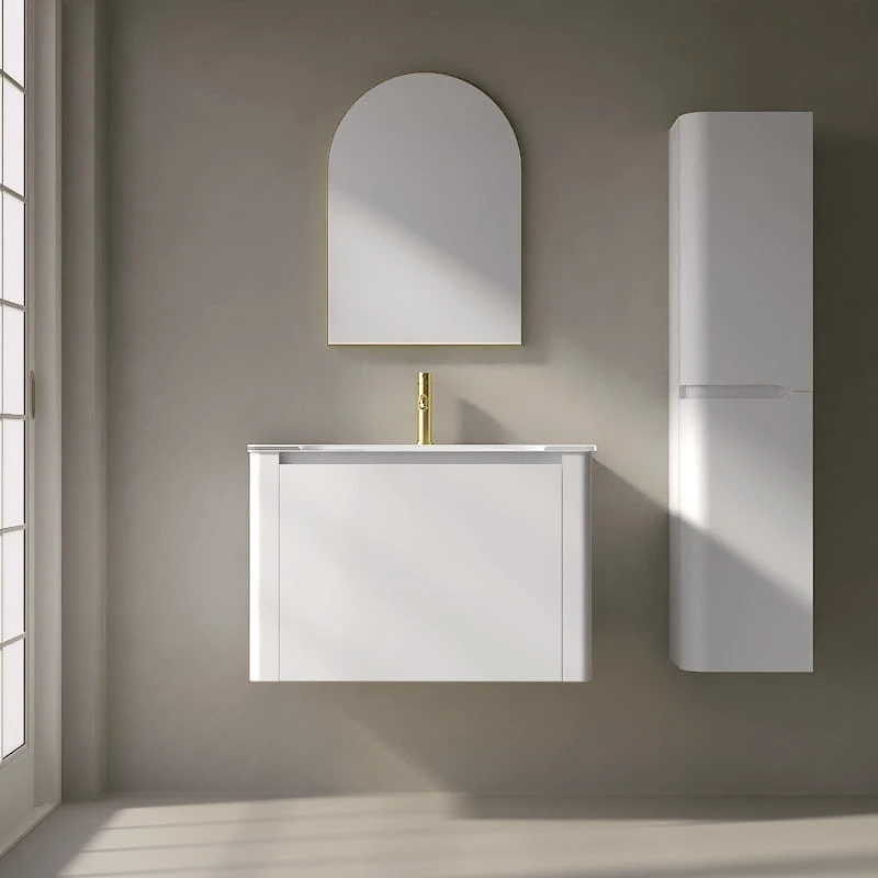 Meuble suspendu blanc mat, 80 cm, avec plan vasque encastré en verre, Panthéon