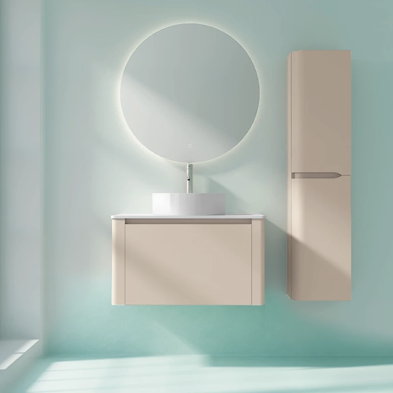 Meuble suspendu beige, 80 cm, avec plan en résine minérale, Panthéon