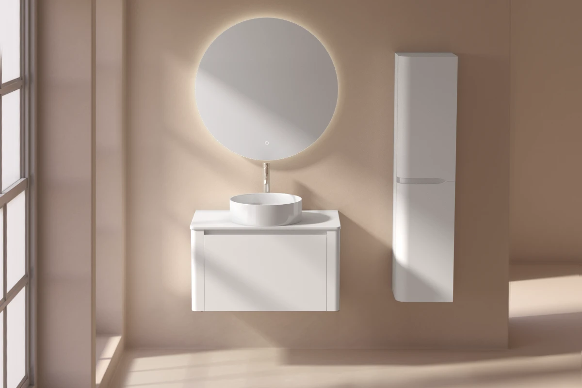 Meuble suspendu blanc mat, 80 cm, avec plan en résine minérale, Panthéon