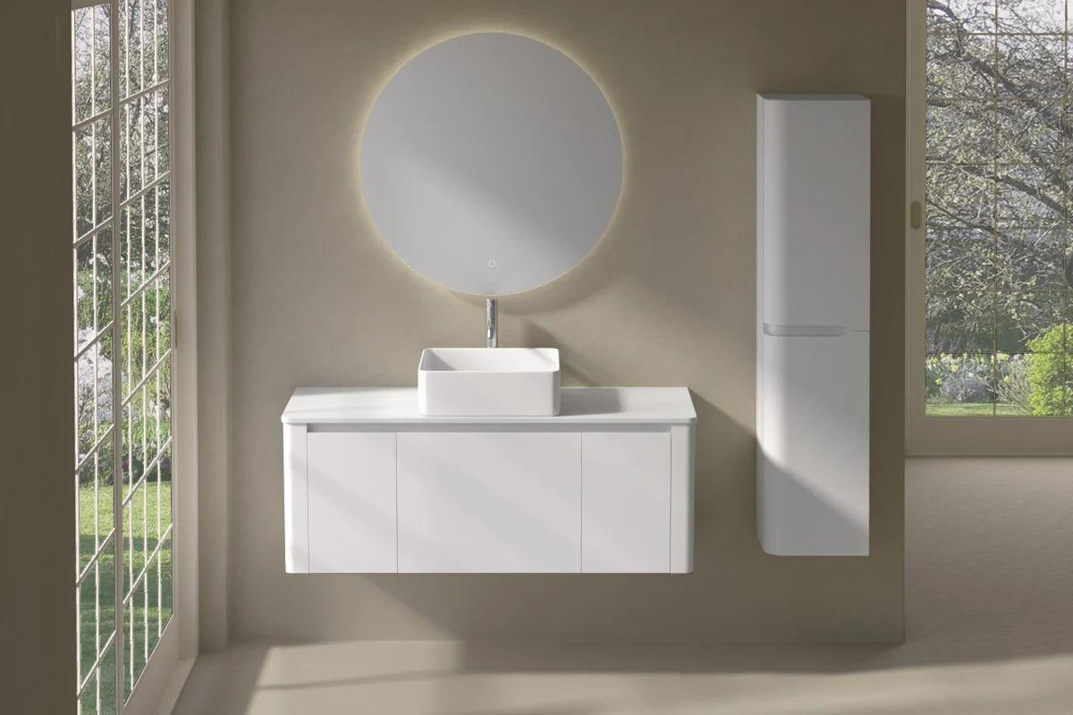 Meuble suspendu blanc mat, 120 cm, avec plan en résine minérale, Panthéon
