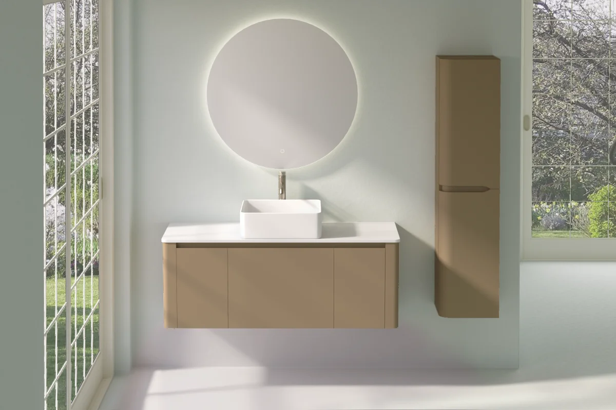 Meuble suspendu cappuccino, 120 cm, avec plan en résine minérale, Panthéon