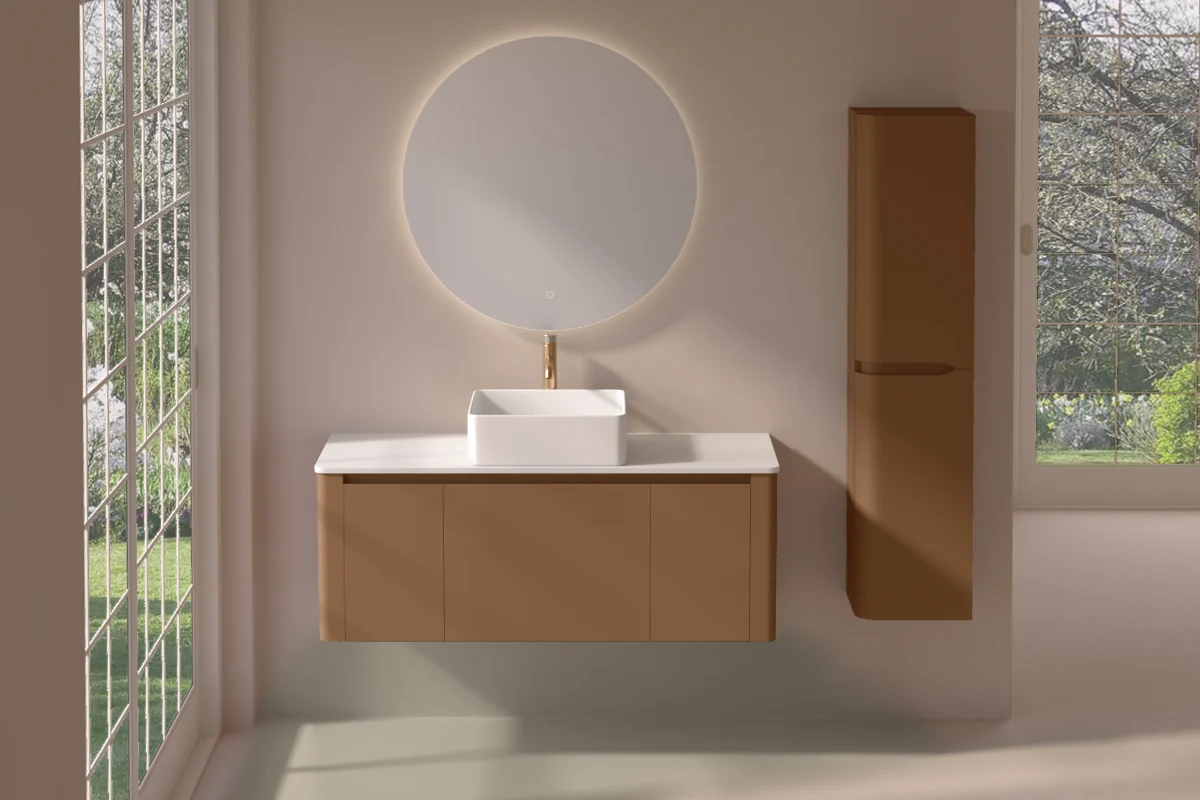 Meuble suspendu ocre, 120 cm, avec plan en résine minérale, Panthéon