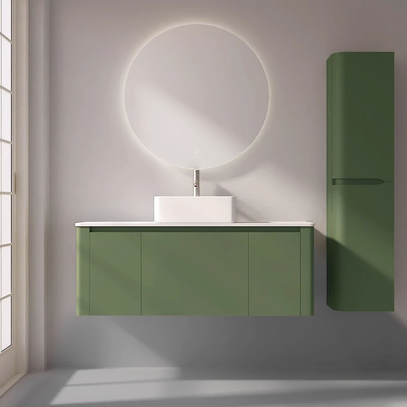Meuble suspendu vert jonc, 120 cm, avec plan en résine minérale, Panthéon