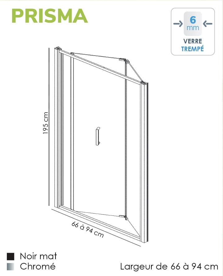 Porte de douche pliable sur mesure, noir mat, de 66 à 94 cm Prisma