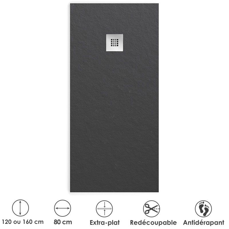 Receveur de douche 80x120 cm en résine minérale, Noir, France