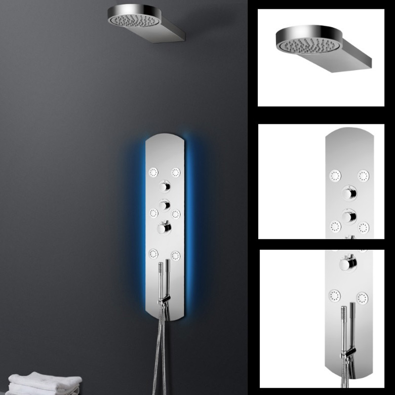 Silk, panneau de douche encastré hydromassant et leds, thermostatique, acier inoxydable
