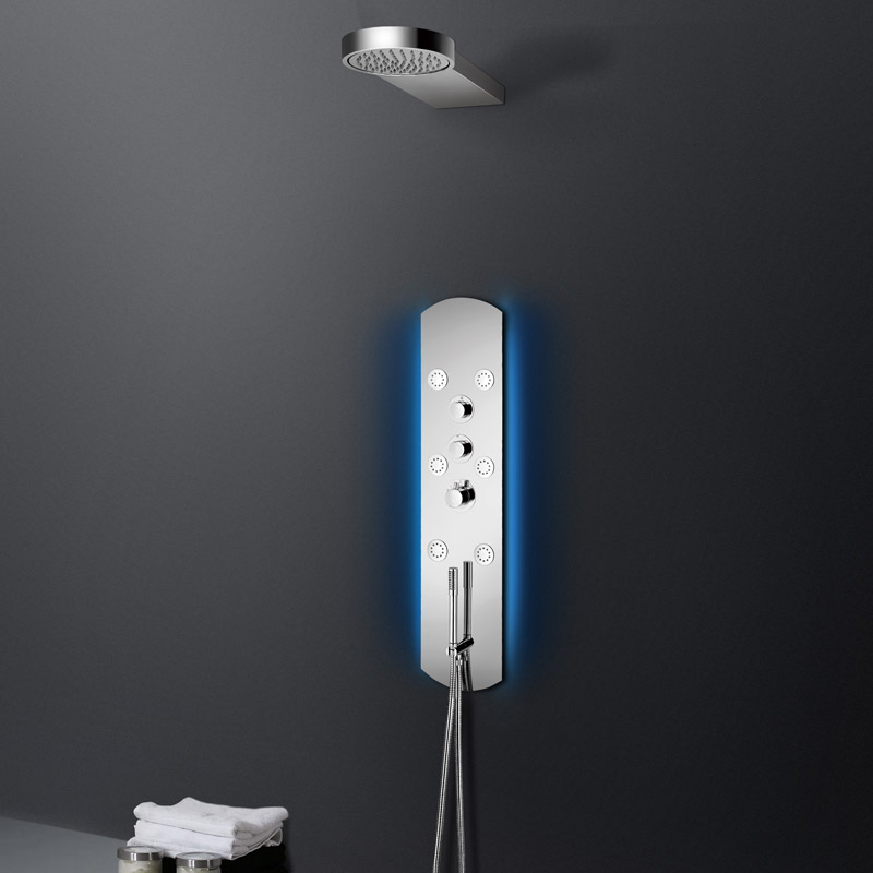 Silk, panneau de douche encastré hydromassant et leds, thermostatique, acier inoxydable