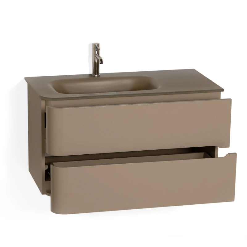 Meuble suspendu beige, 100 cm, avec plan vasque encastré en verre, Sorbonne