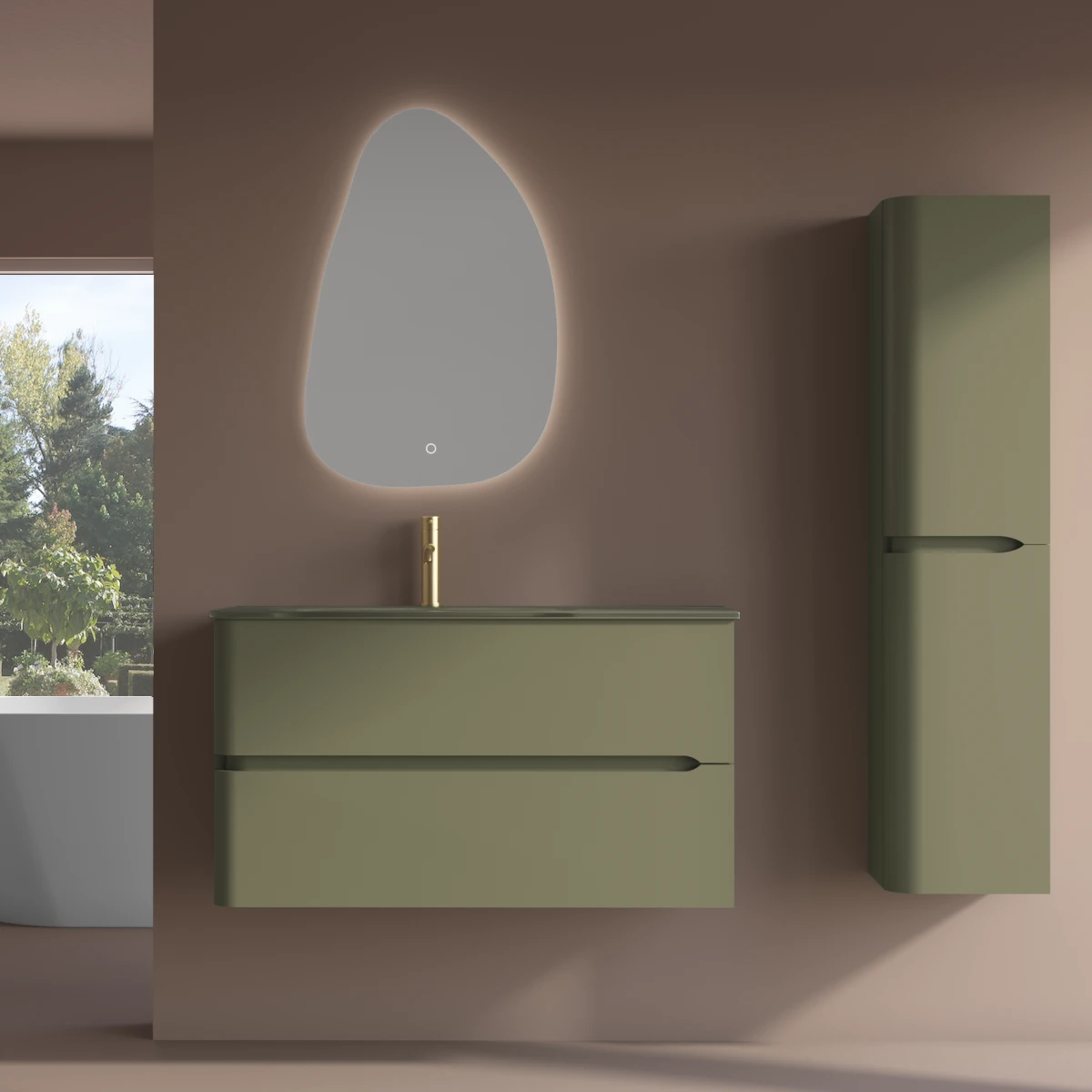 Meuble suspendu vert jonc, 100 cm, avec plan vasque encastré en verre, Sorbonne