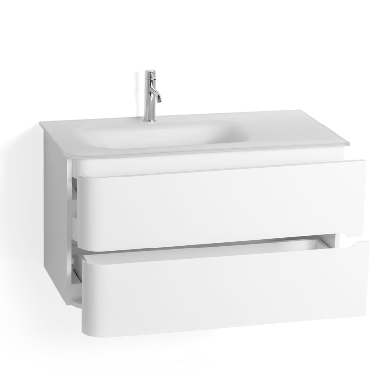 Meuble suspendu blanc mat, 100 cm, avec plan vasque encastré en verre, Sorbonne