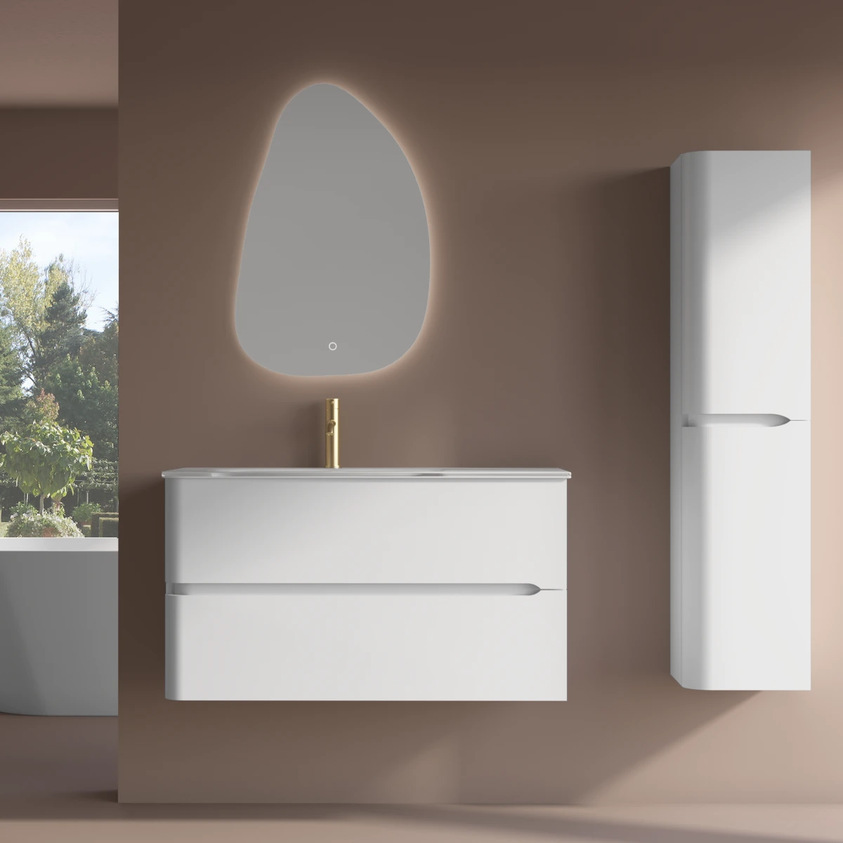 Meuble suspendu blanc mat, 100 cm, avec plan vasque encastré en verre, Sorbonne