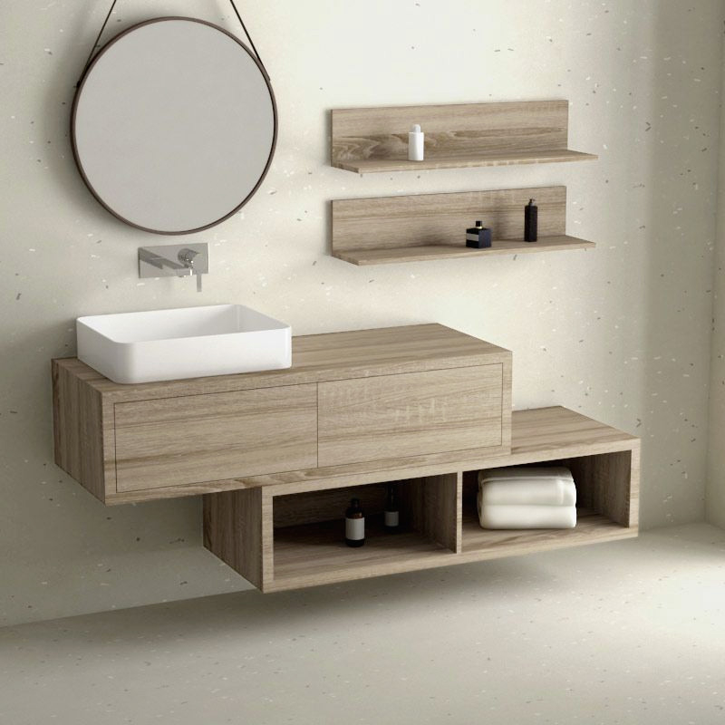 Ensemble meuble salle de bain 120 cm + caisson rangement et tablettes, Cambrian, Step