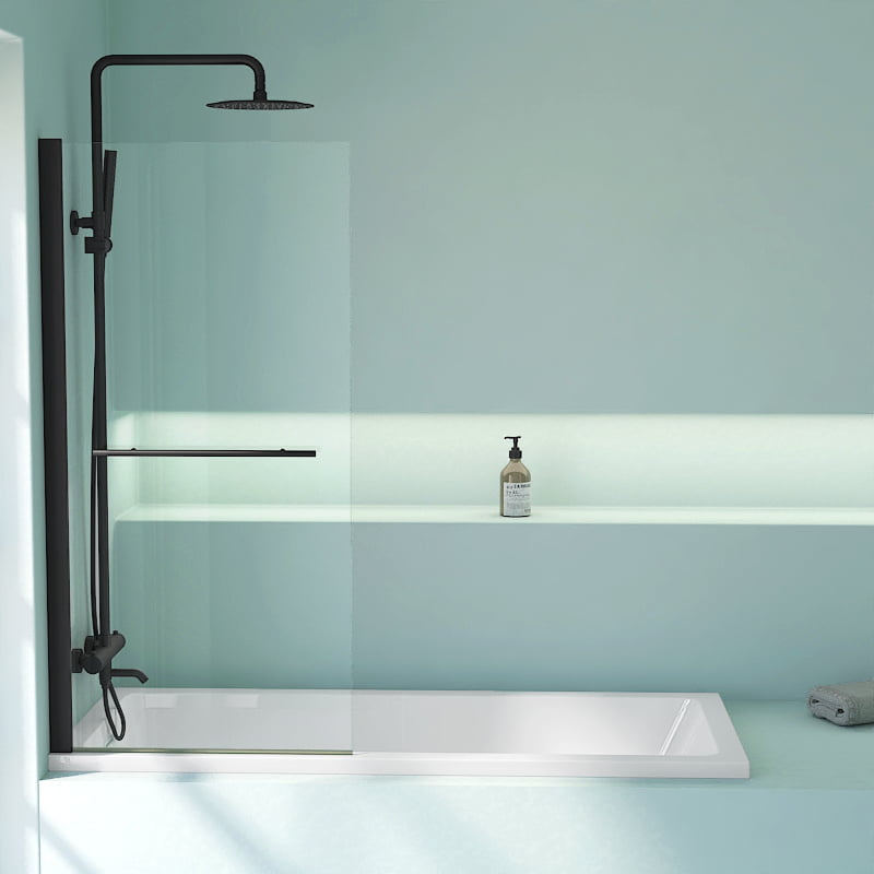 Pare-baignoire fixe avec porte-serviettes, 70 ou 80 x 140 cm, profilé noir mat, Palma 2