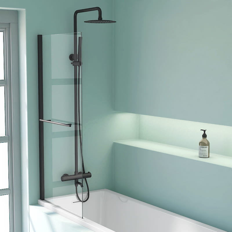 Pare-baignoire fixe avec porte-serviettes, 70 ou 80 x 140 cm, profilé noir mat, Palma 2