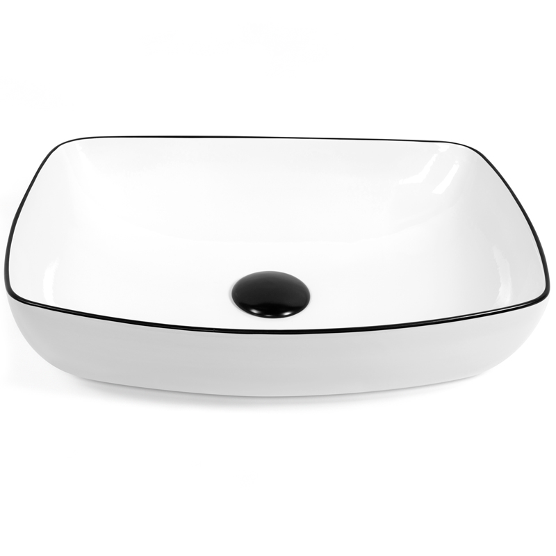 Vasque à poser 58 x 41 cm rectangulaire, céramique, Blanc brillant et liseré noir, made in France, Fil