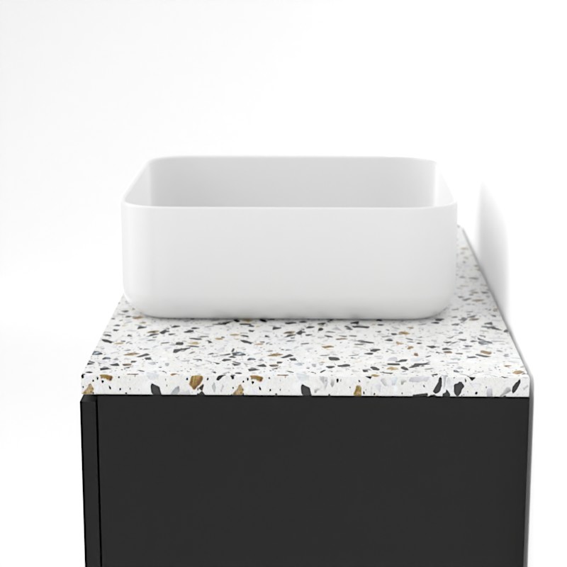 Meuble suspendu 80 cm pour vasque à poser, Noir et Plan Terrazzo Diamond Ice, Caruso