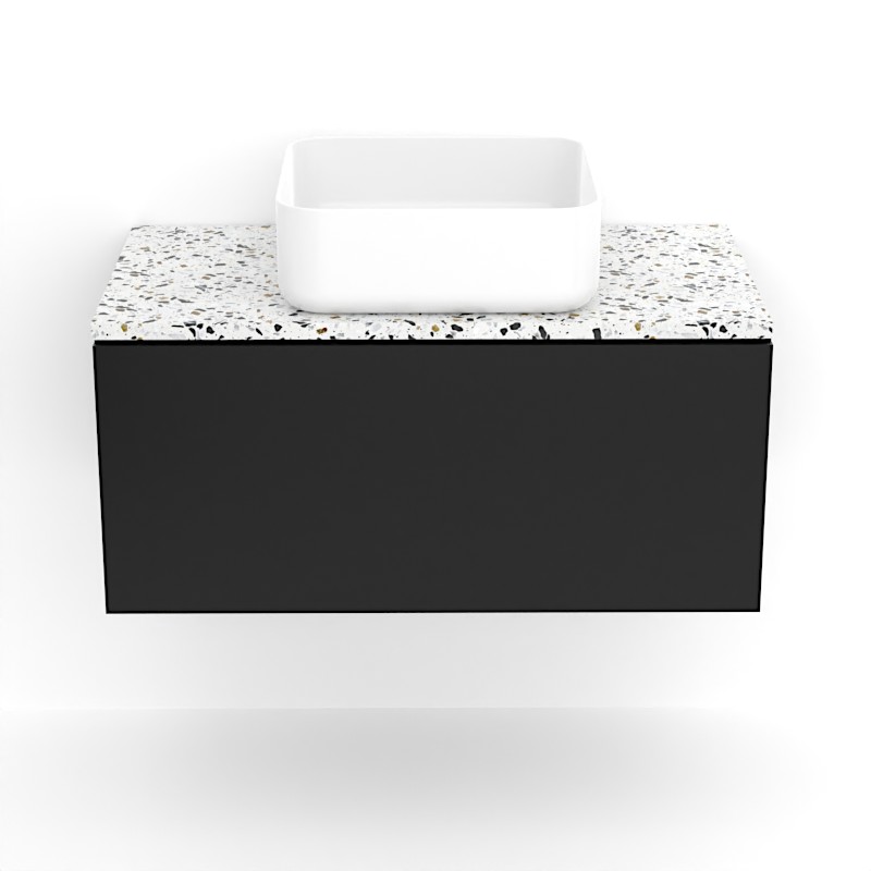 Meuble suspendu 80 cm pour vasque à poser, Noir et Plan Terrazzo Diamond Ice, Caruso