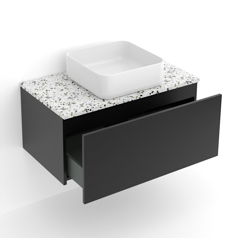 Meuble suspendu 80 cm pour vasque à poser, Noir et Plan Terrazzo Diamond Ice, Caruso