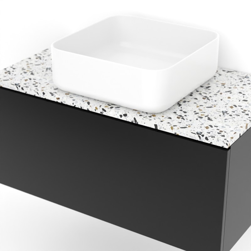 Meuble suspendu 80 cm pour vasque à poser, Noir et Plan Terrazzo Diamond Ice, Caruso