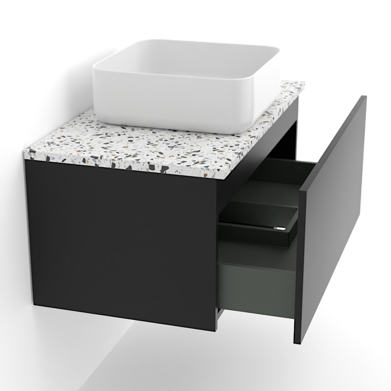 Meuble suspendu 80 cm pour vasque à poser, Noir et Plan Terrazzo Diamond Ice, Caruso