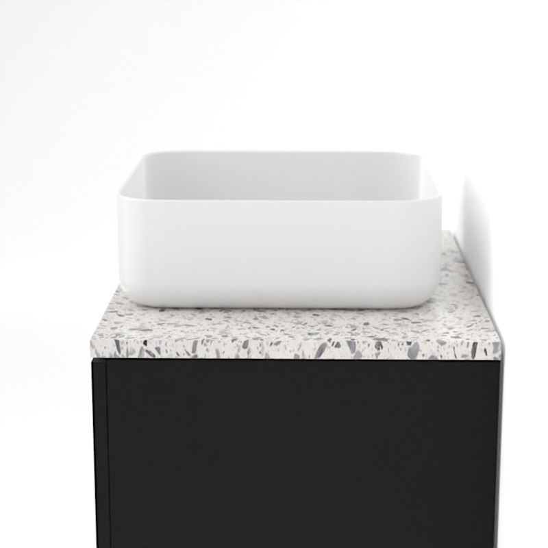 Meuble suspendu 60 cm pour vasque à poser, Noir et Plan Terrazzo Kala White, Caruso