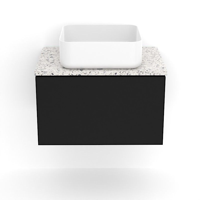 Meuble suspendu 60 cm pour vasque à poser, Noir et Plan Terrazzo Kala White, Caruso