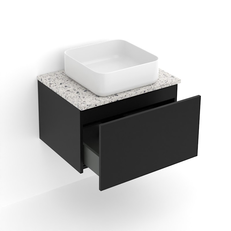 Meuble suspendu 60 cm pour vasque à poser, Noir et Plan Terrazzo Kala White, Caruso