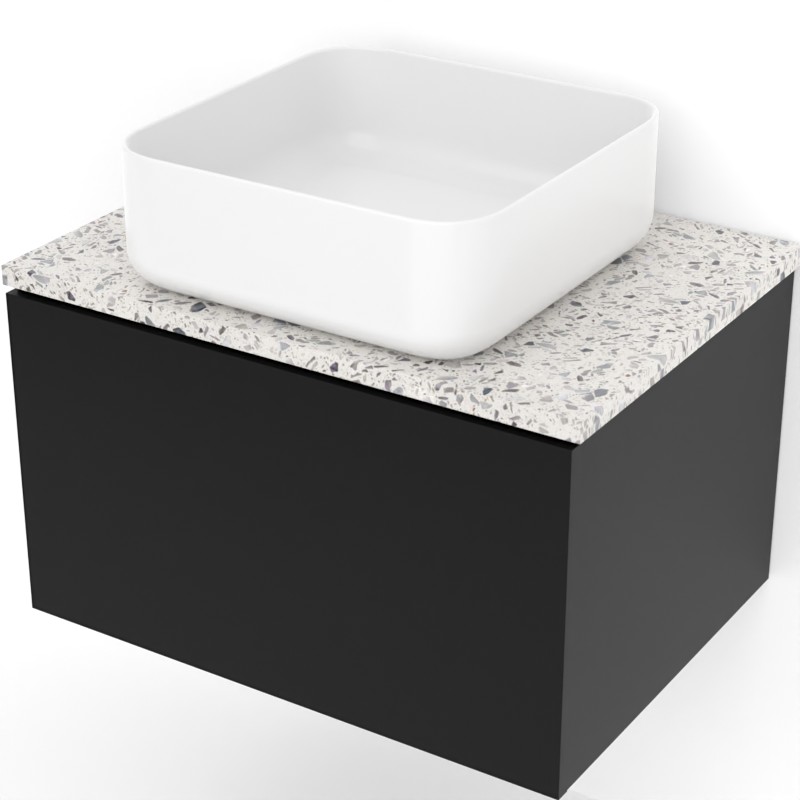 Meuble suspendu 60 cm pour vasque à poser, Noir et Plan Terrazzo Kala White, Caruso