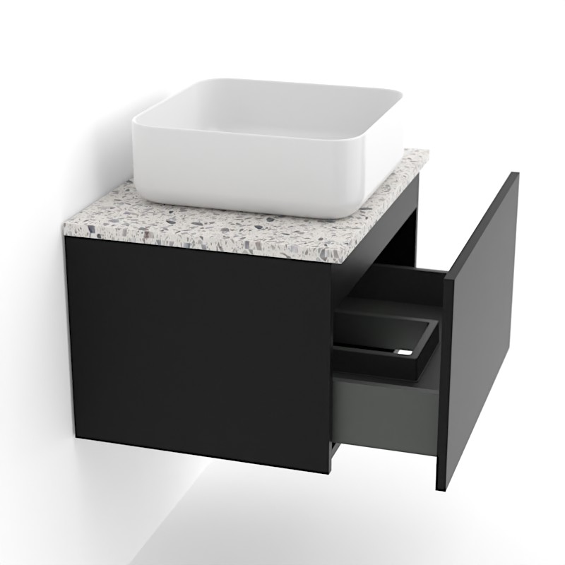 Meuble suspendu 60 cm pour vasque à poser, Noir et Plan Terrazzo Kala White, Caruso