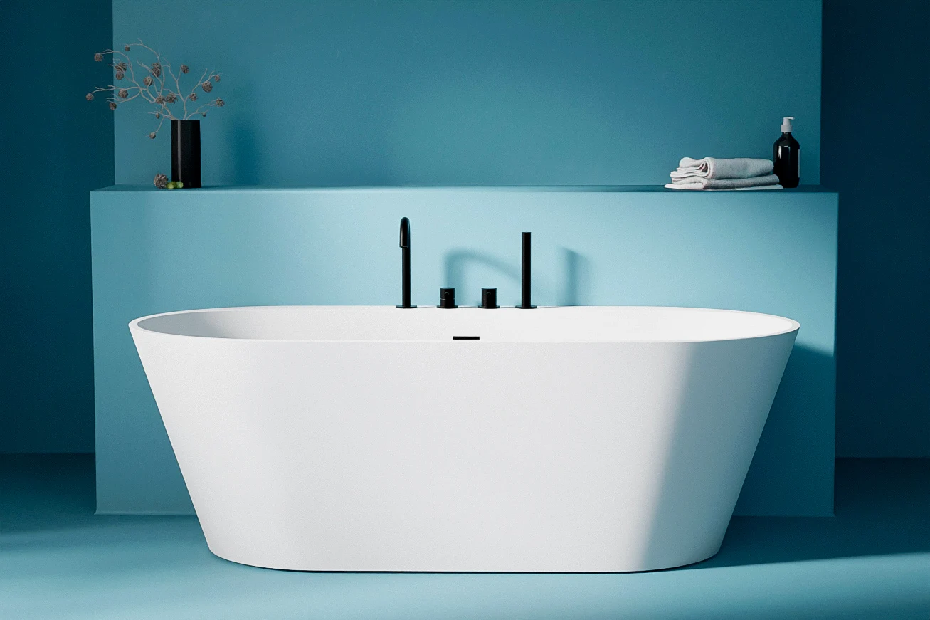 Baignoire îlot ovale avec plage, 170x80cm, acrylique blanc mat, Lou