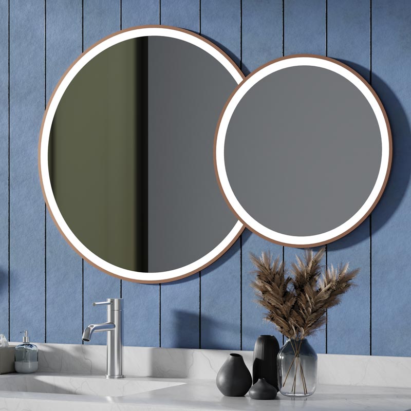 Miroir 105x70 cm lumineux LED, antibuée, double ronds, cadre doré rose brossé, Châtelet