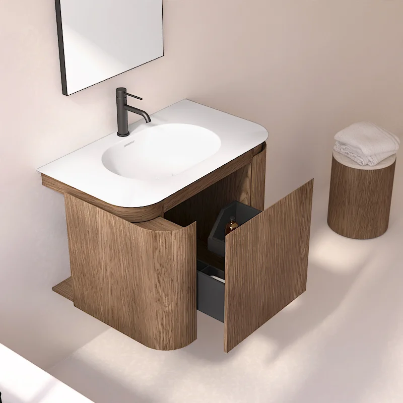 Meuble vasque suspendu cannelé 80 cm, noyer, Solid surface, Grace