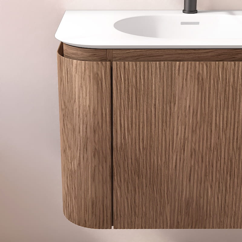 Meuble vasque suspendu cannelé 80 cm, noyer, Solid surface, Grace