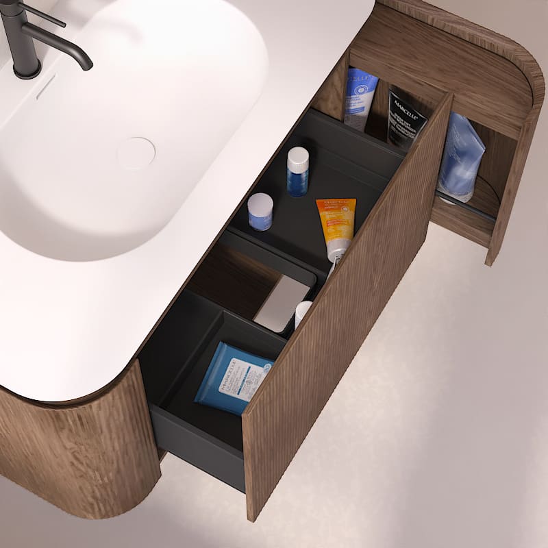 Meuble vasque suspendu cannelé 100 cm, noyer avec plan vasque en résine minérale, Grace