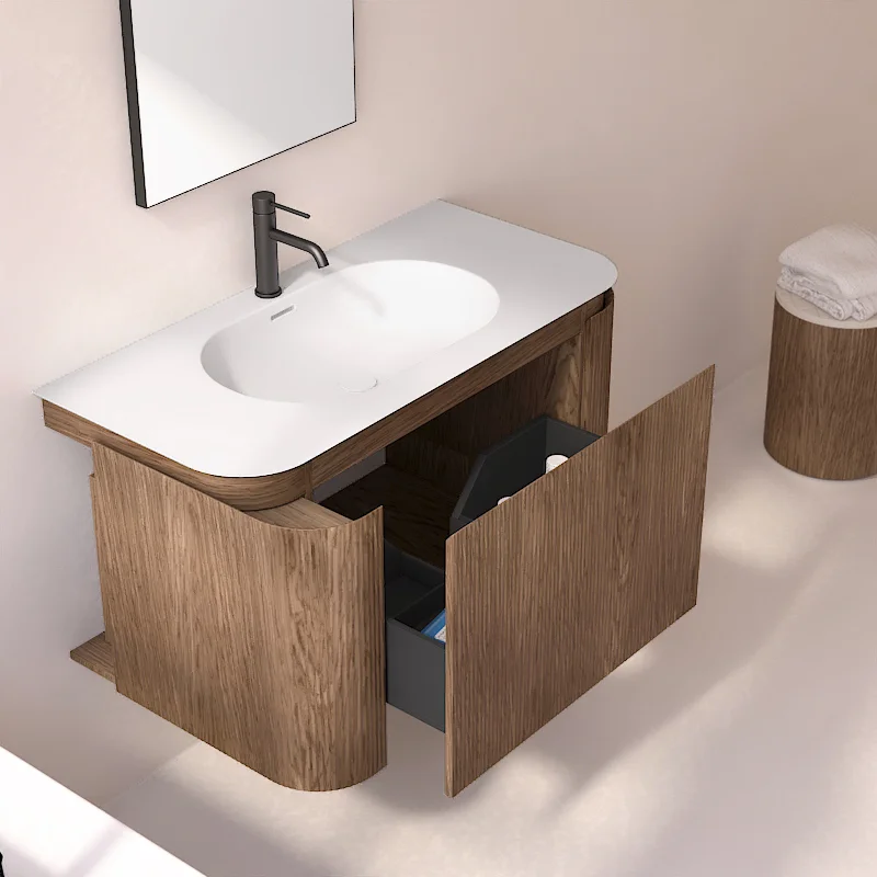 Meuble vasque suspendu cannelé 100 cm, noyer, Solid surface, Grace