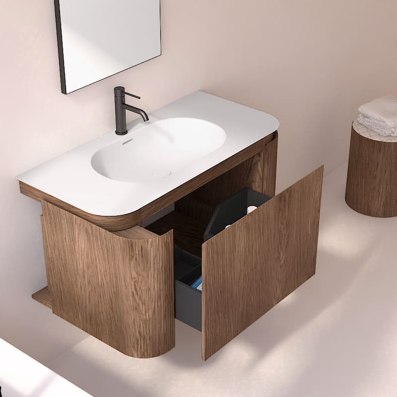 Meuble vasque suspendu cannelé 100 cm, noyer avec plan vasque en résine minérale, Grace