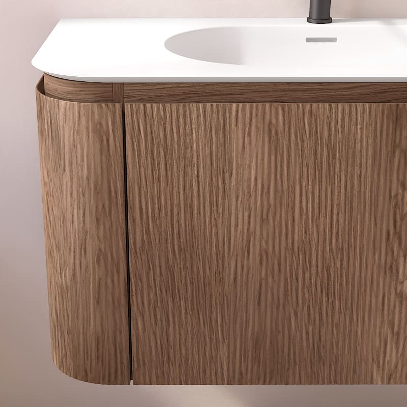 Meuble vasque suspendu cannelé 100 cm, noyer avec plan vasque en résine minérale, Grace