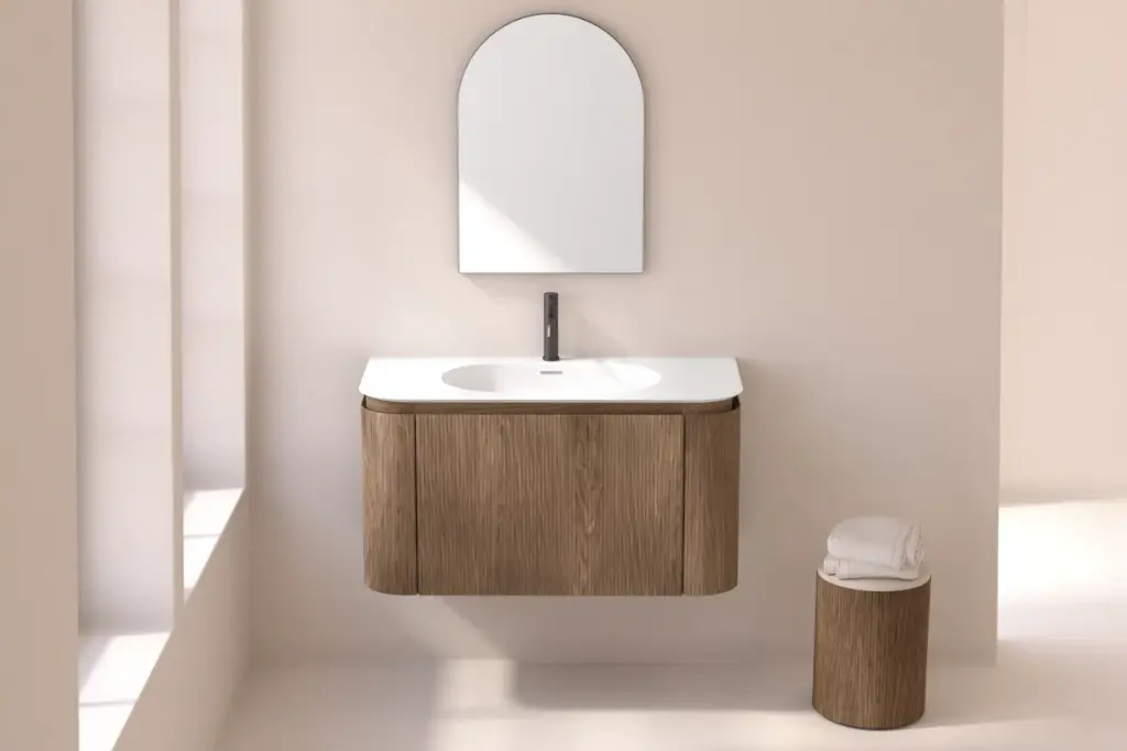 Meuble vasque suspendu cannelé 100 cm, noyer, Solid surface, Grace