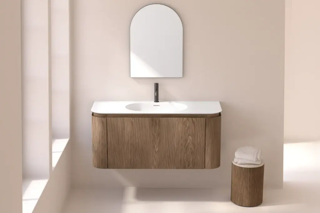 Meuble vasque suspendu cannelé 120 cm, noyer, Solid surface, Grace