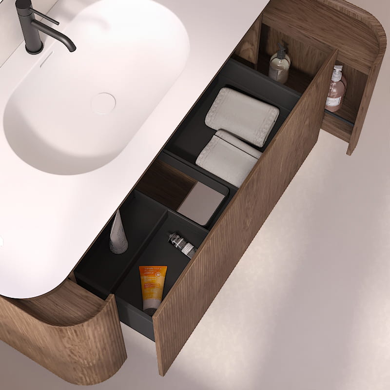 Meuble vasque suspendu cannelé 120 cm, noyer, Solid surface, Grace