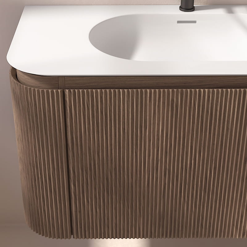 Meuble vasque suspendu cannelé 120 cm, noyer, Solid surface, Grace