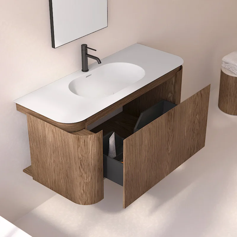 Meuble vasque suspendu cannelé 120 cm, noyer, Solid surface, Grace