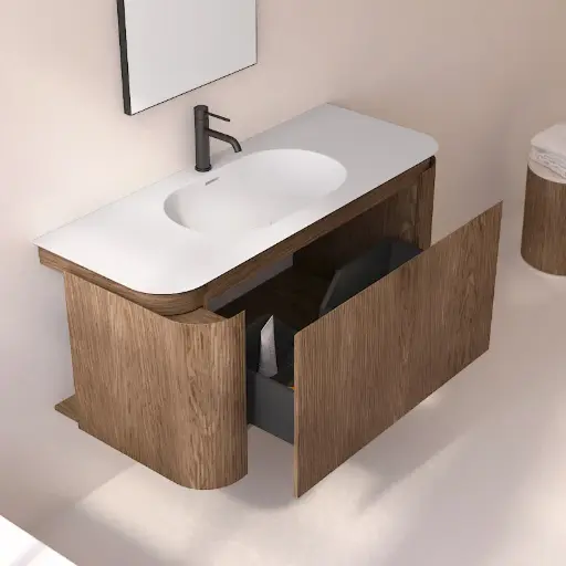 Meuble vasque suspendu cannelé 120 cm, noyer, Solid surface, Grace