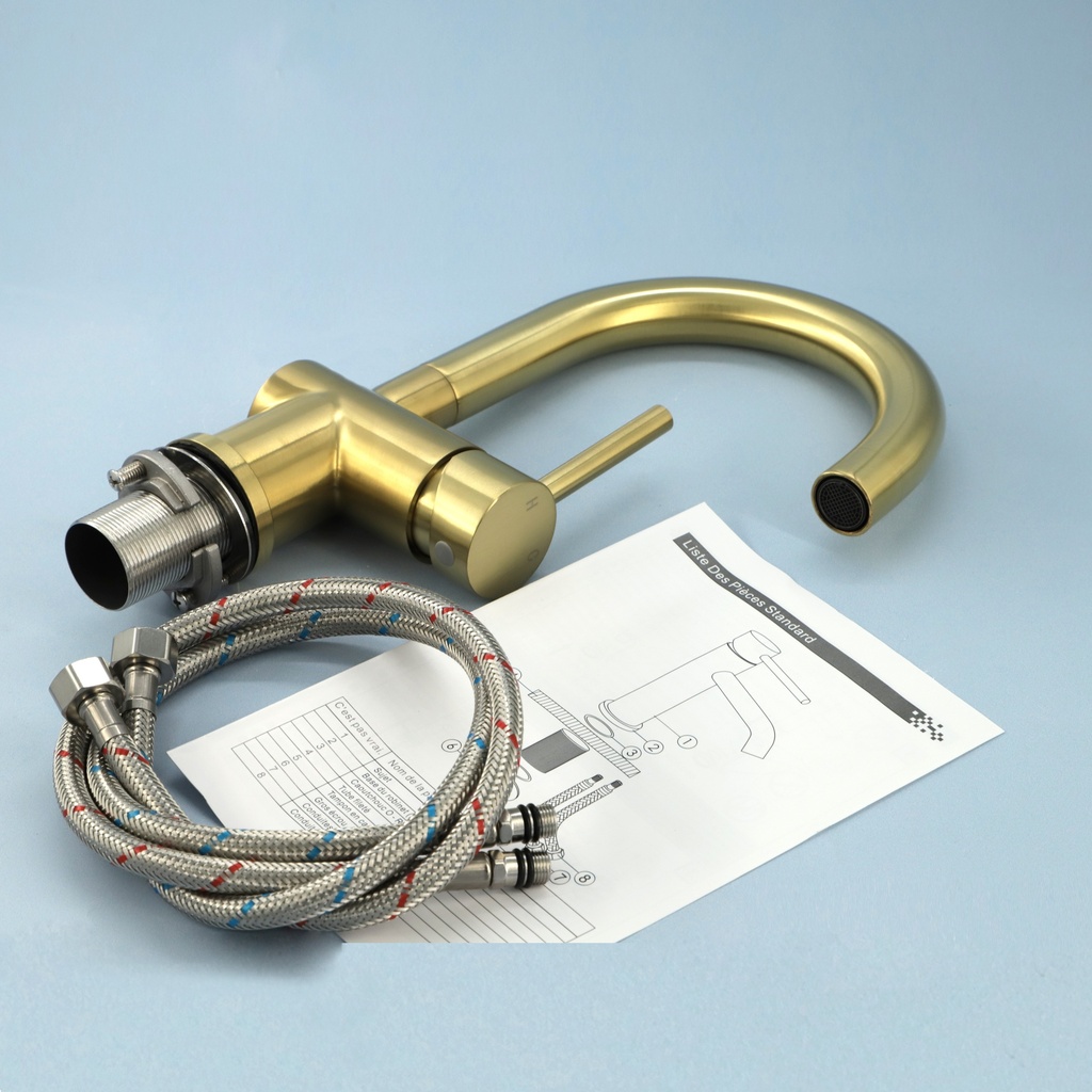 Robinet mitigeur lavabo col de cygne doré brossé, Châtelet