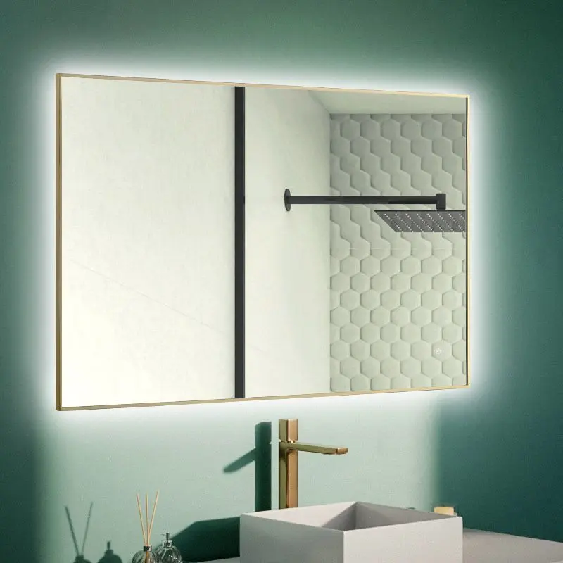 Miroir Rectangulaire 120X80 rétroéclairage Led et Anti-Buée Doré Mat, Châtelet 