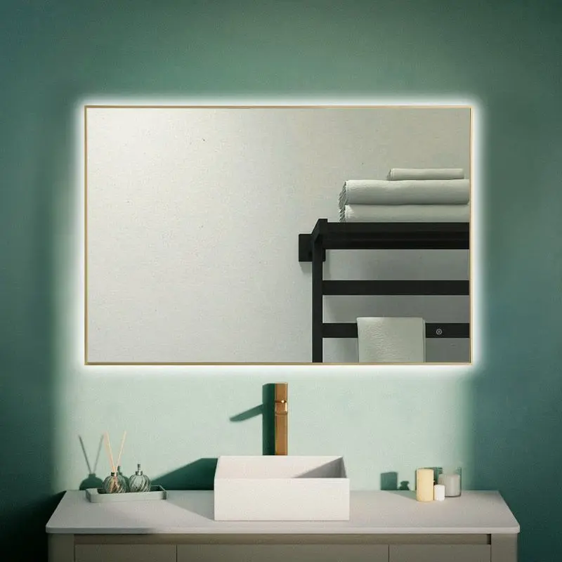 Miroir Rectangulaire 120X80 rétroéclairage Led et Anti-Buée Doré Mat, Châtelet 