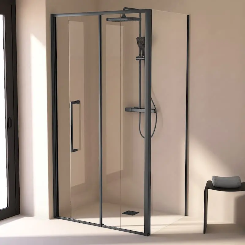 Cabine de douche d'angle Coulissante Gun métal de 106,8cm à  1668 x 80cm ou 90cm , Paro 