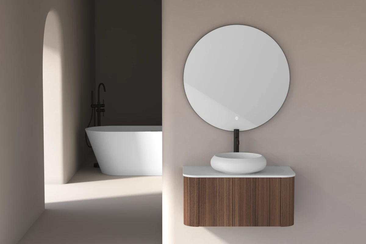 Meuble suspendu 80 cm, placage noyer naturel avec plan en résine minérale blanc mat, Anna