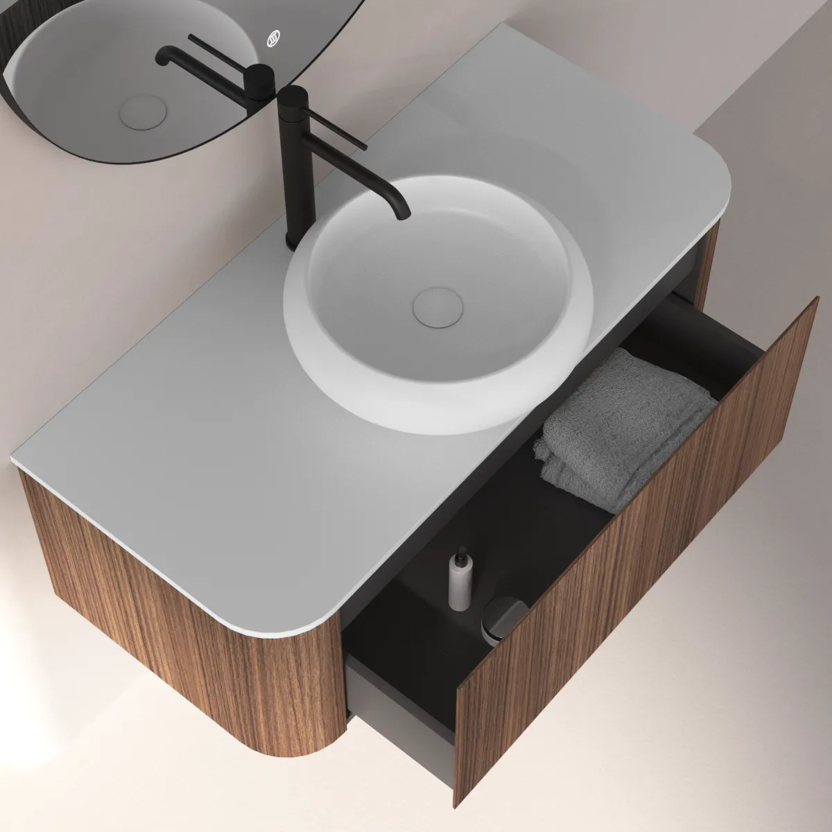 Meuble suspendu 100 cm, placage noyer naturel avec plan en résine minérale blanc mat, Anna